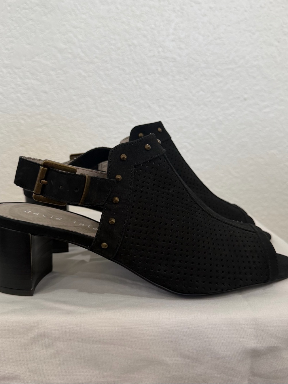 David Tate Black Perforated Slingback Block Heels with Stud Accents